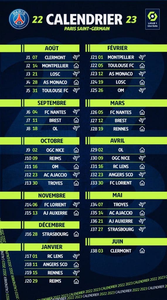 Le calendrier 2022-2023 de Ligue 1 du PSG dévoilé - Canal Supporters PSG  24-7