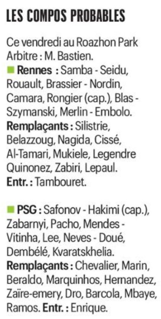 Les compositions probables Rennes : PSG (Le Parisien)