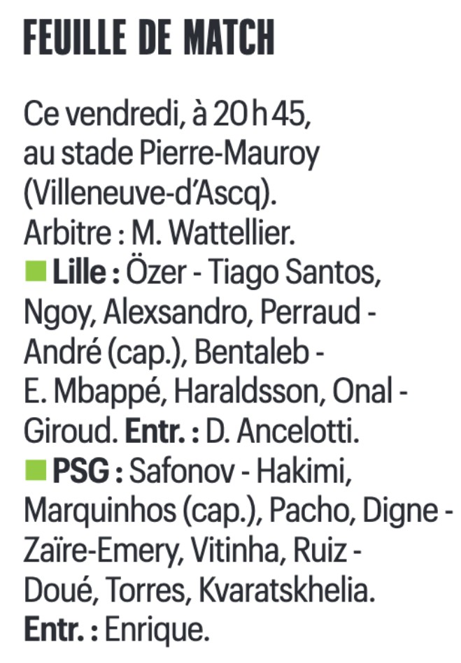Les compositions probables de LOSC : PSG (Le Parisien)